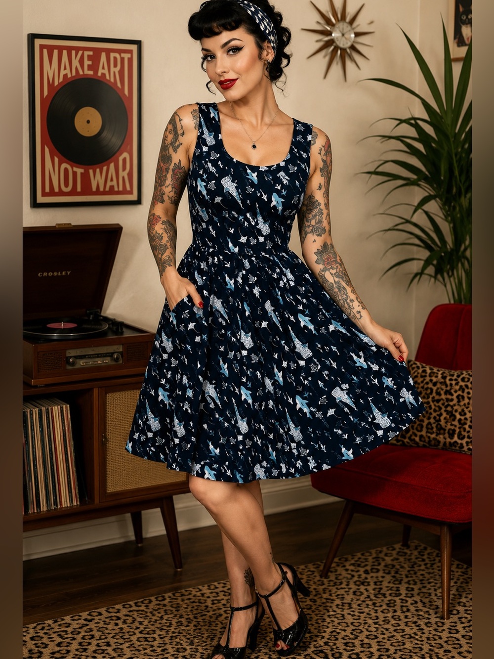 ModCloth Bold Notion Shark Print Fit & Flare Dress Navy Ocean Rockabilly Pinup L